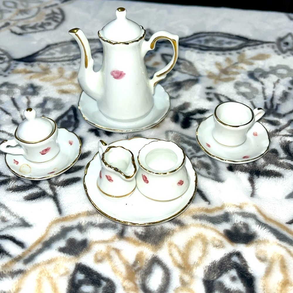 Reutter Porzellan Germany Vtg Mini Tea Set - Pink Rose & Gold Trim 8 pcs - Picture 2 of 4